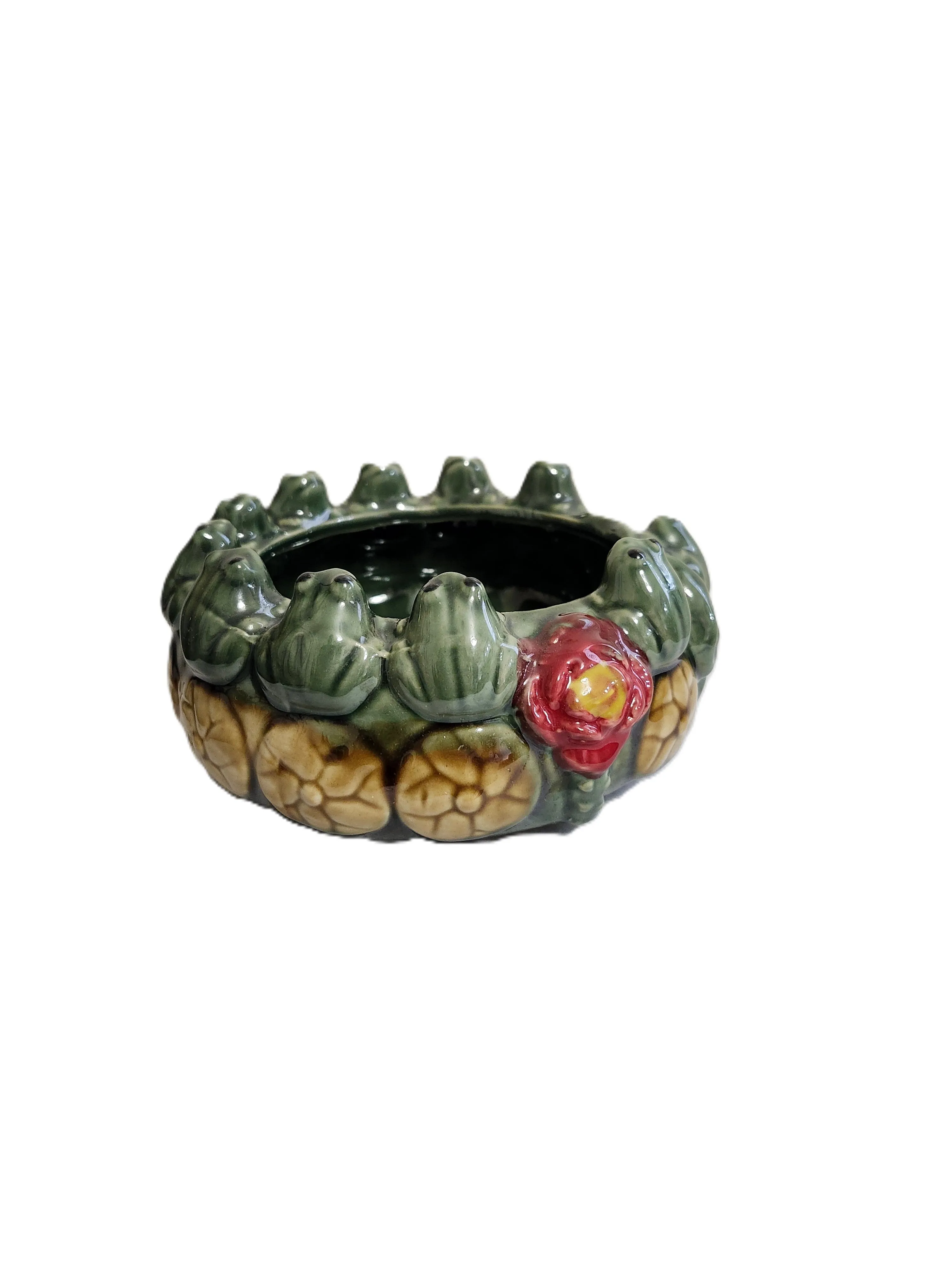 Hand-glazed green ceramic planter bowl with frog and water-lily detailing
